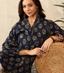 women blue cotton blend floral printed regular top