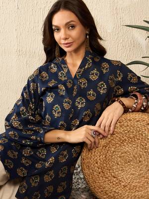 women blue cotton blend floral printed regular top 2