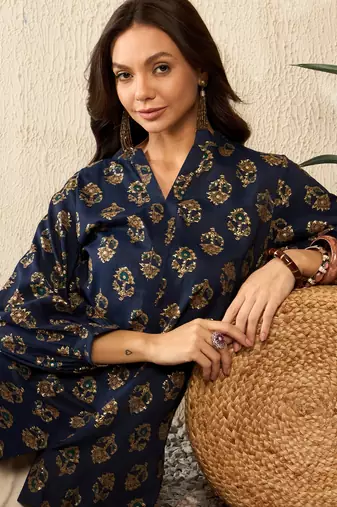 women blue cotton blend floral printed regular top