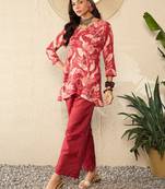 women red rayon blend floral printed top and palazzos coord sets
