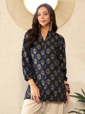 women blue cotton blend floral printed regular top 1