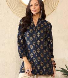 women blue cotton blend floral printed regular top