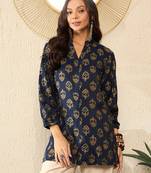 women blue cotton blend floral printed regular top