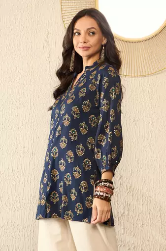 women blue cotton blend floral printed regular top