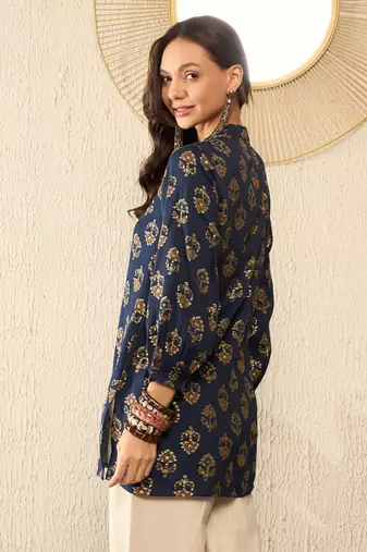women blue cotton blend floral printed regular top
