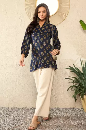 women blue cotton blend floral printed regular top