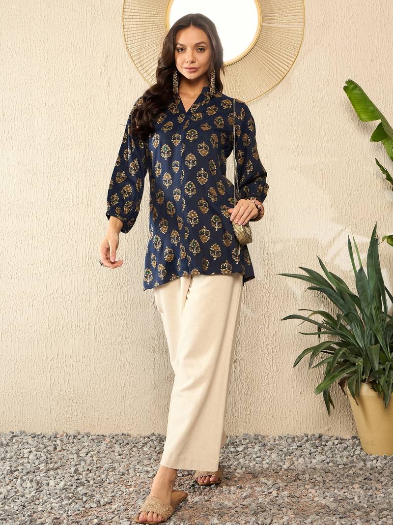 women blue cotton blend floral printed regular top