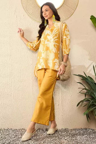 Mustard Blended Cotton Floral Printed Palazzo Co-ord Set