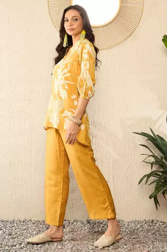 Mustard Blended Cotton Floral Printed Palazzo Co-ord Set