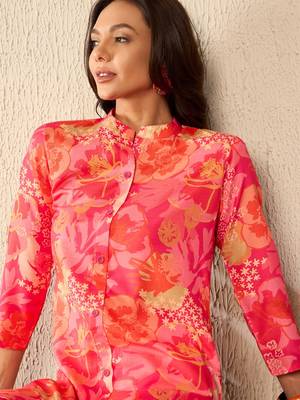 women pink rayon blend floral printed tunic and trousers coord sets 2