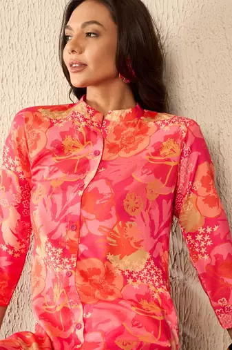 women pink rayon blend floral printed tunic and trousers coord sets