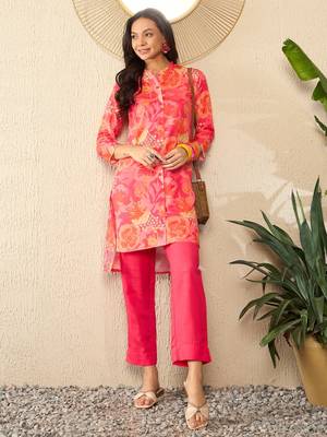 women pink rayon blend floral printed tunic and trousers coord sets 1