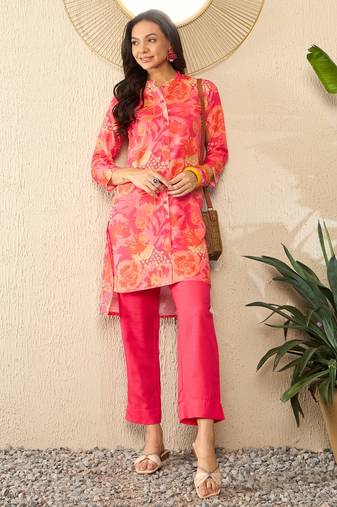 women pink rayon blend floral printed tunic and trousers coord sets