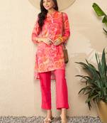 women pink rayon blend floral printed tunic and trousers coord sets