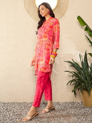 women pink rayon blend floral printed tunic and trousers coord sets 3