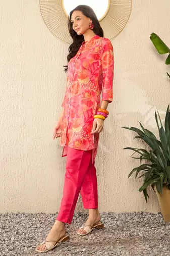 women pink rayon blend floral printed tunic and trousers coord sets