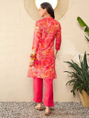 women pink rayon blend floral printed tunic and trousers coord sets 4