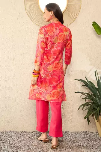 women pink rayon blend floral printed tunic and trousers coord sets