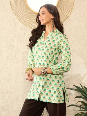women green viscose rayon floral printed regular top 2