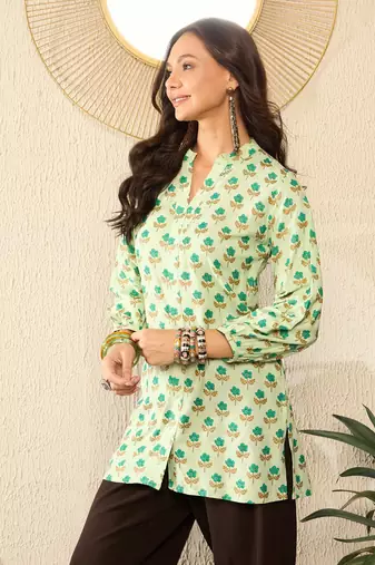 women green viscose rayon floral printed regular top