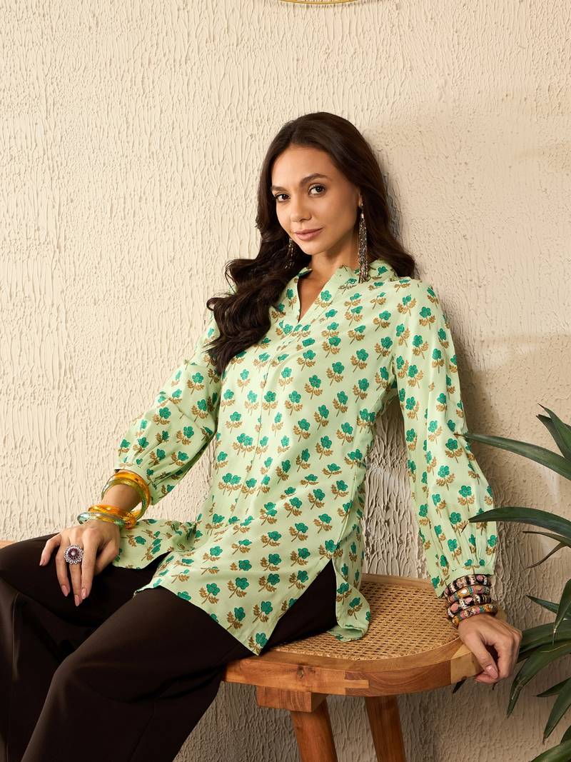 women green viscose rayon floral printed regular top