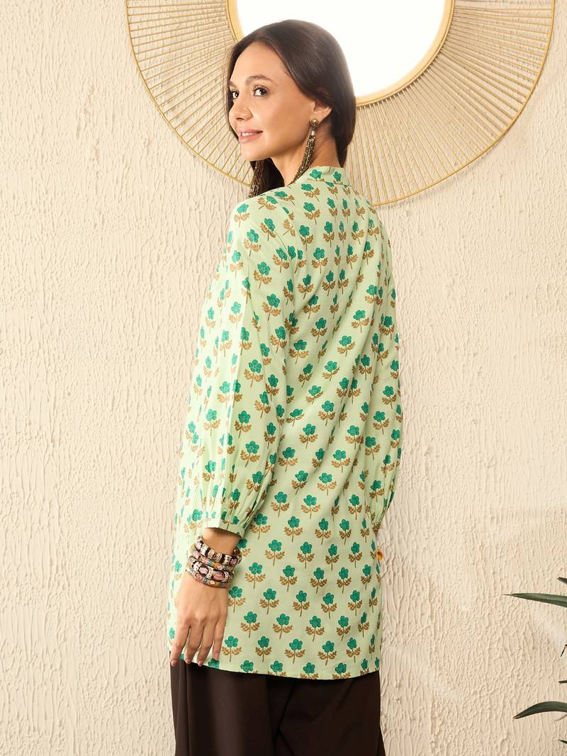 women green viscose rayon floral printed regular top