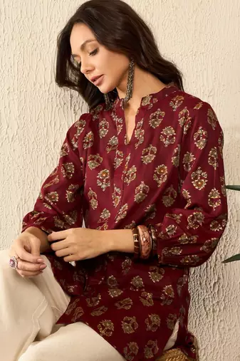 women maroon cotton blend floral printed regular top