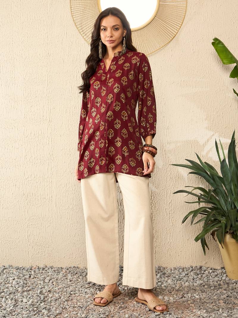 women maroon cotton blend floral printed regular top