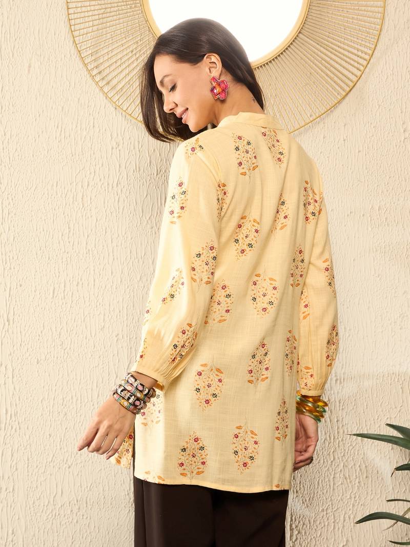 yellow cotton blend floral printed regular top