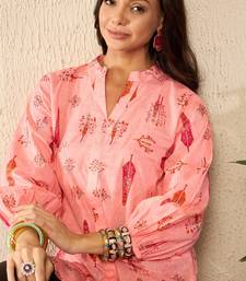 women pink cotton blend floral printed regular top