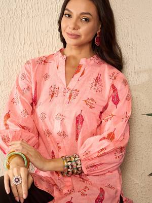 women pink cotton blend floral printed regular top 2