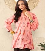 women pink cotton blend floral printed regular top