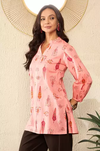 women pink cotton blend floral printed regular top