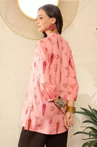 women pink cotton blend floral printed regular top