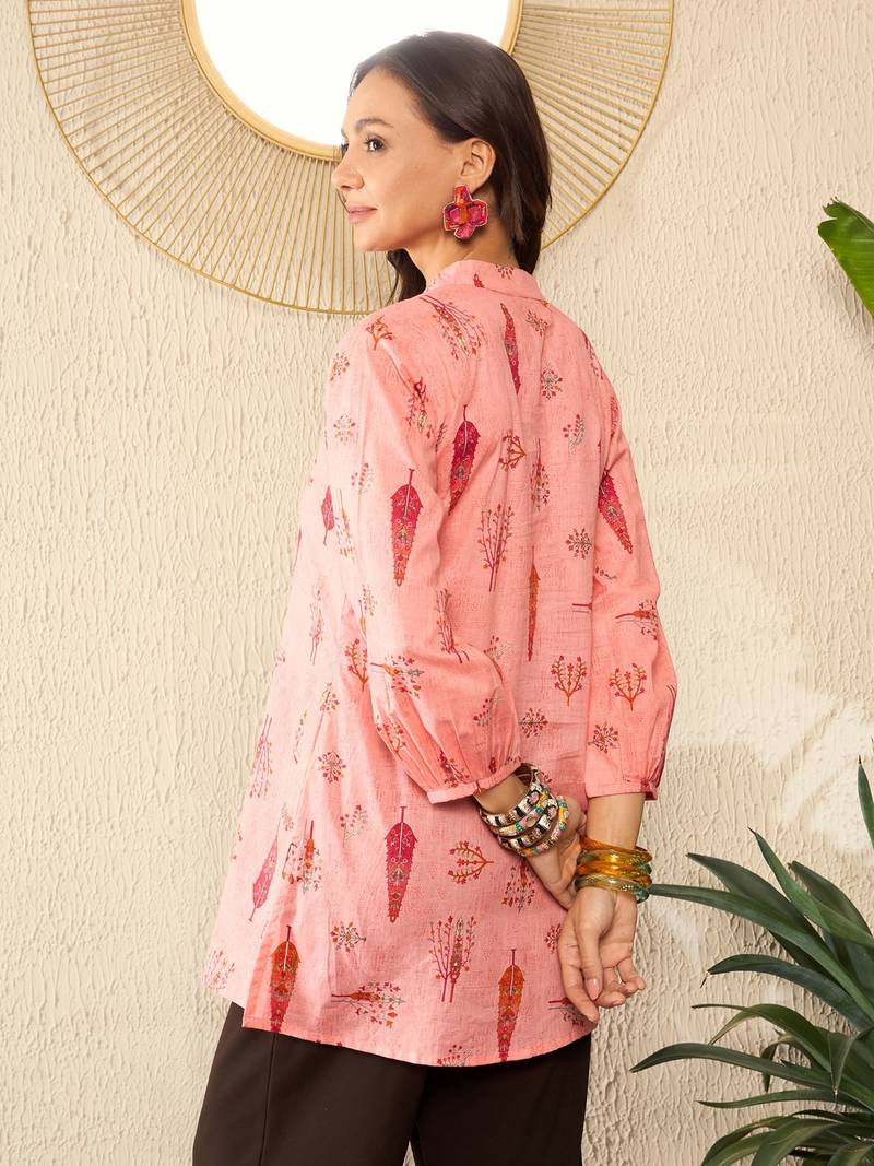 women pink cotton blend floral printed regular top