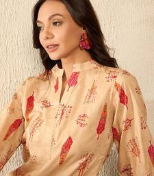 women beige cotton blend floral printed regular top