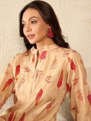 women beige cotton blend floral printed regular top 2