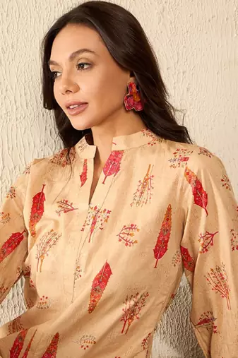 women beige cotton blend floral printed regular top