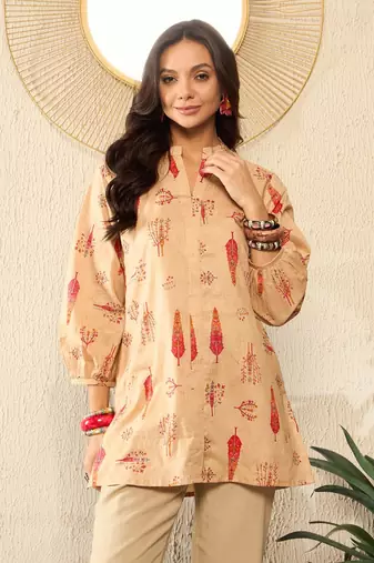 women beige cotton blend floral printed regular top