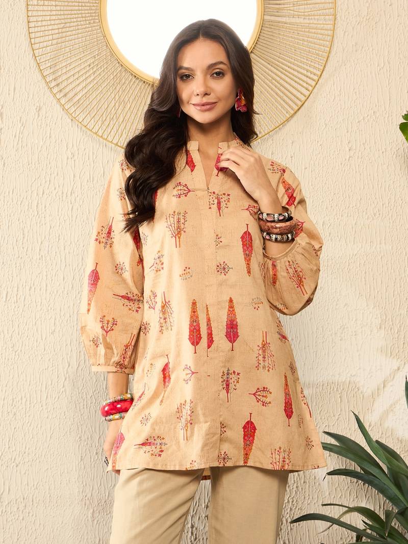 women beige cotton blend floral printed regular top