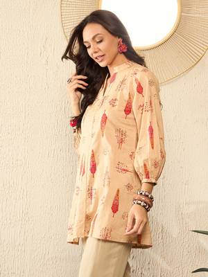 women beige cotton blend floral printed regular top 1
