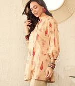 women beige cotton blend floral printed regular top