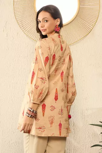 women beige cotton blend floral printed regular top