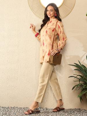 women beige cotton blend floral printed regular top 5
