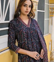 women navy blue rayon blend floral printed straight kurta trousers with dupatta