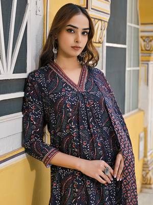 women navy blue rayon blend floral printed straight kurta trousers with dupatta 2