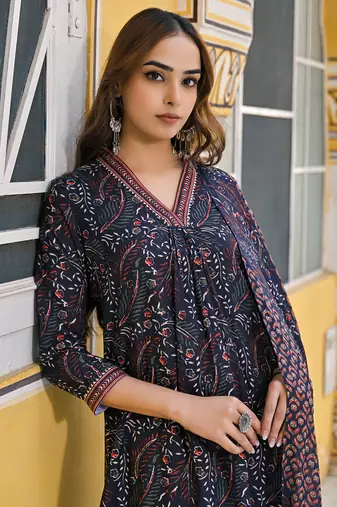 women navy blue rayon blend floral printed straight kurta trousers with dupatta