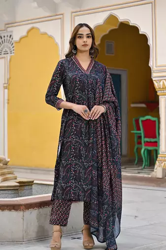 women navy blue rayon blend floral printed straight kurta trousers with dupatta