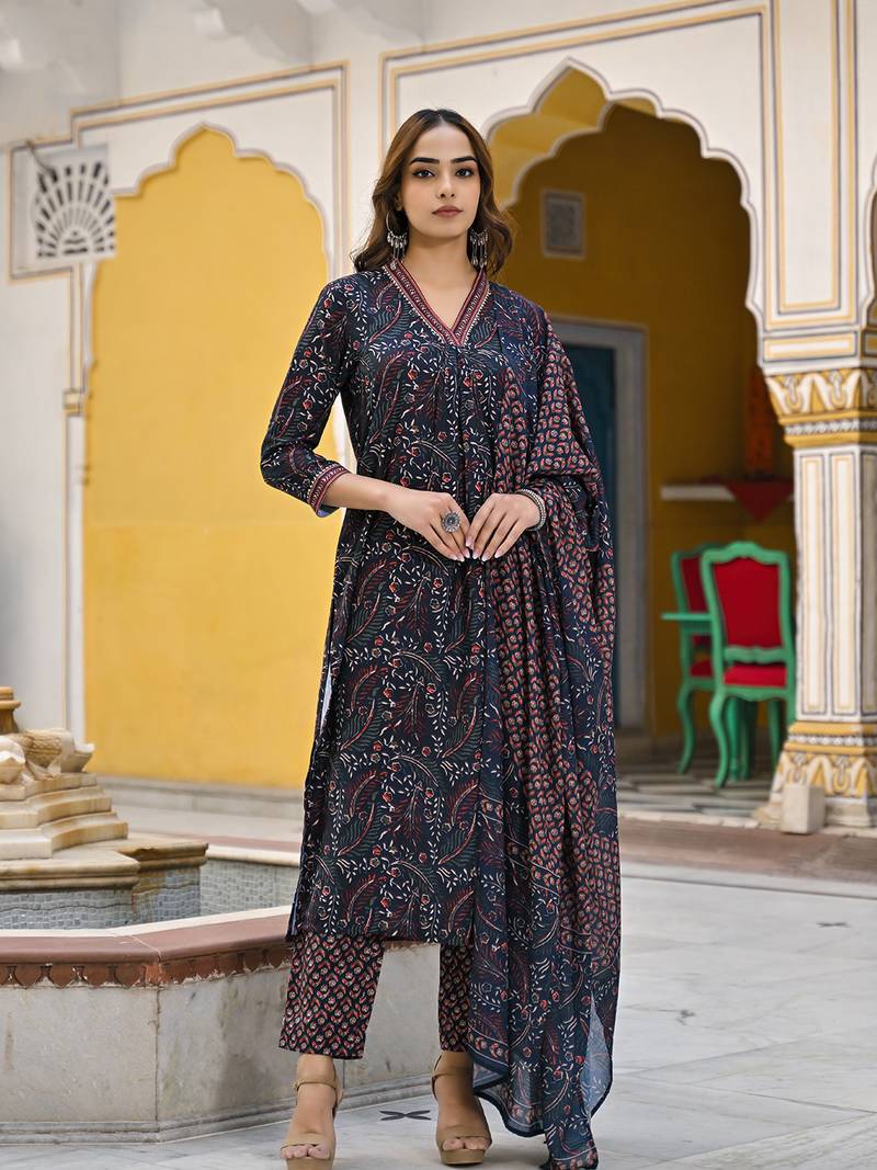 women navy blue rayon blend floral printed straight kurta trousers with dupatta