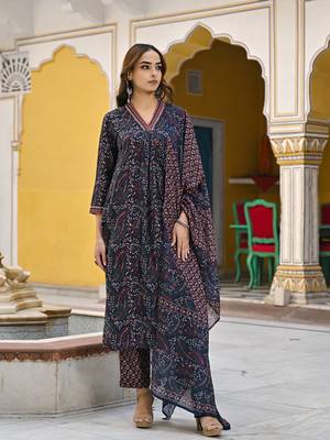 women navy blue rayon blend floral printed straight kurta trousers with dupatta 1